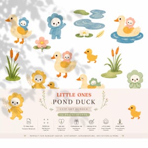 Peut inclure: Un ensemble d'images numériques intitulé LITTLE ONES POND DUCK comprenant 12 fichiers PNG. La collection inclut des illustrations de canards jaunes, de petits personnages en costume de fleur, d'eau d'étang, de nénuphars, de roseaux et une fleur.