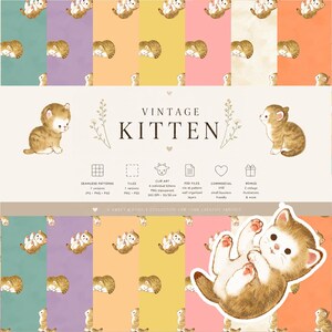 Peut inclure: Collection d'art numérique sur le thème du chaton vintage. L'image présente des motifs sans couture, des cliparts et des fichiers PSD. Le texte indique "Vintage Kitten" avec des détails sur les fichiers et l'utilisation commerciale.