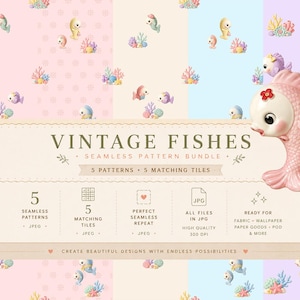 Peut inclure: Un ensemble d'art numérique avec cinq motifs sans couture de poissons vintage. Les motifs présentent des poissons colorés, des coraux et des algues sur des fonds pastel. L'image comprend également une grande figurine de poisson rose.