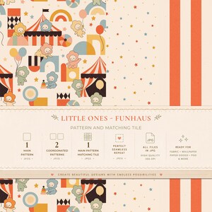 Peut inclure: Un ensemble de motifs numériques intitulé LITTLE ONES - FUNHAUS présentant un thème de cirque avec des personnages en costumes d'animaux, des ballons et des tentes. Inclut un fond étoilé, des rayures verticales orange et des spécifications techniques.