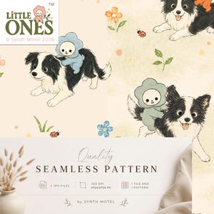 May include: A seamless digital pattern featuring black and white border collie dogs with small figures wearing flower-shaped hats on their backs. The design includes ladybugs, orange flowers, and green leaves on a cream background. Text reads LITTLE ONES.