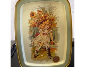 Vintage Coats & Clark Metal Tray JP Coats Trade Card Girl Kitten Sunflowers