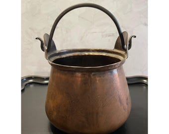 Vintage Hand Hammered Copper Cauldron Pot Wrought Iron Handle Rustic Decor