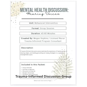 May include: A white document with the title "Mental Health Discussion: Hearing Voices." The document includes information about a trauma-informed discussion group, including the unit, format, duration, and content.