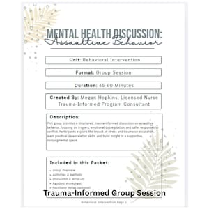 May include: A white document detailing a "Mental Health Discussion: Assaultive Behavior" group session. It outlines the session's format, duration (45-60 minutes), and content, focusing on trauma and de-escalation techniques.