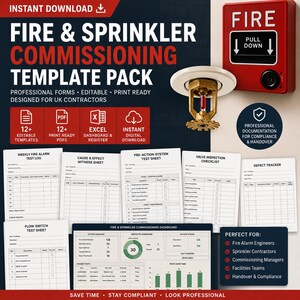 Könnte beinhalten: Vorlagenpaket für die Inbetriebnahme von Brandmelde- und Sprinkleranlagen mit editierbaren Formularen, druckfertigen PDFs und einem Excel-Dashboard. Enthält Brandmelde-Testprotokolle und einen Feuerlöschzug.