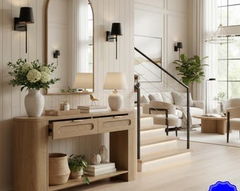 Farmhouse Rattan Console Table with Drawers