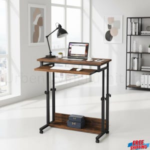 May include: A mobile standing desk with a dark wood grain finish surface and a lower storage shelf. The desk features a black metal frame with adjustable height knobs, a pull-out keyboard tray, and four caster wheels for mobility.