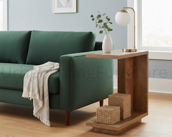 C-Shaped End Table Wood Side Table with 2-Tier Storage Shelves