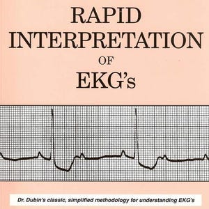 May include: Book cover titled "RAPID INTERPRETATION OF EKG'S" with a pink background. The cover features an EKG waveform graphic and the text "6th Ed." The author's name, Dale Dubin, MD, is also displayed.