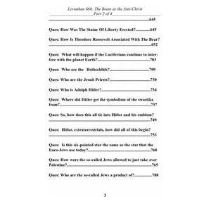 May include: A printed page from "Leviathan 666: The Beast as the Anti-Christ, Part 2 of 4." The text includes questions about historical and religious topics, such as the Statue of Liberty, Theodore Roosevelt, and Adolf Hitler. The page number is 3.