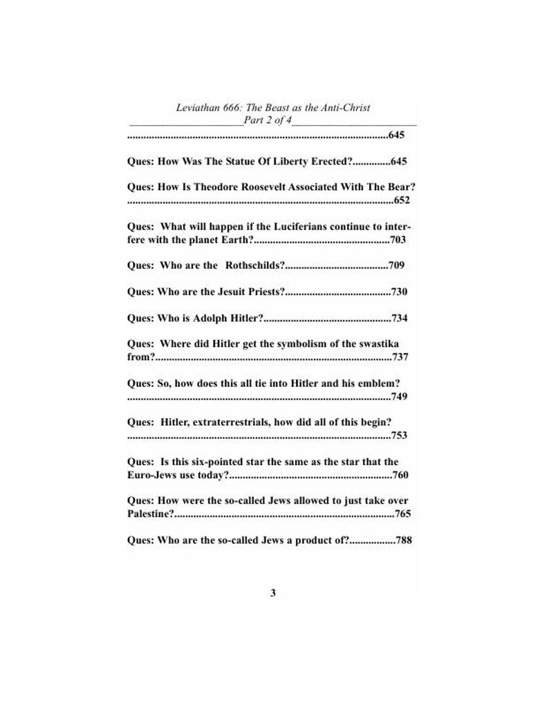 May include: A printed page from "Leviathan 666: The Beast as the Anti-Christ, Part 2 of 4." The text includes questions about historical and religious topics, such as the Statue of Liberty, Theodore Roosevelt, and Adolf Hitler. The page number is 3.