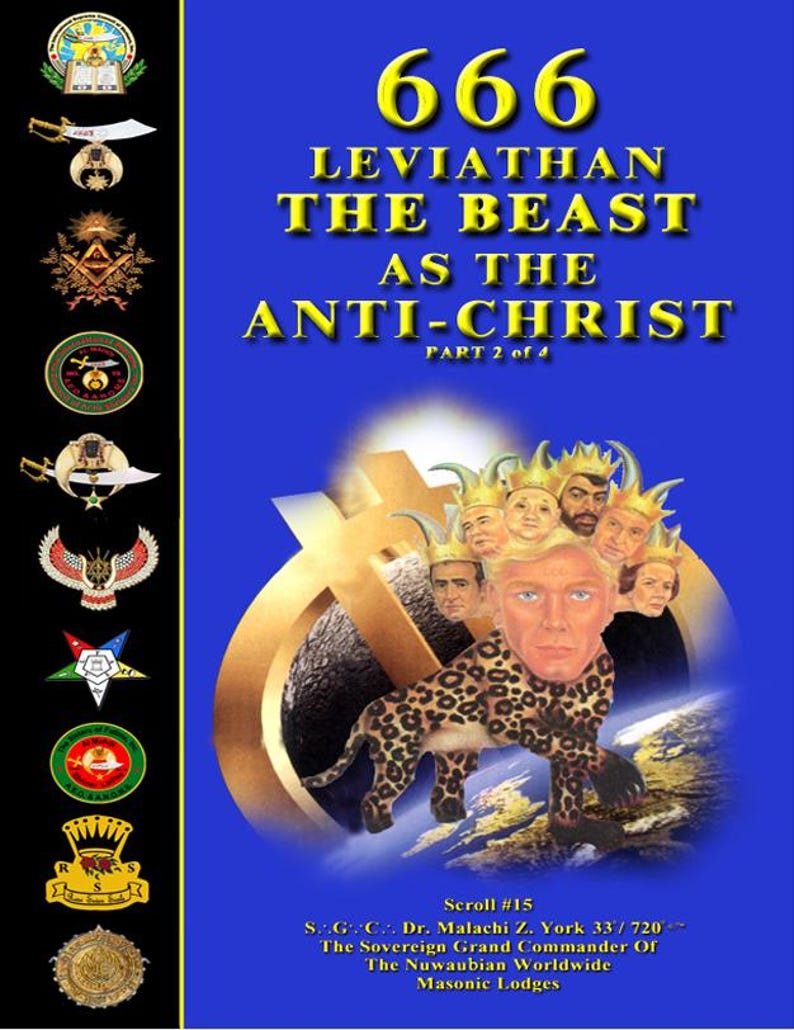 May include: A book cover with the title "666 Leviathan The Beast As The Anti-Christ Part 2 of 4" in yellow text on a blue background. The image features a leopard-spotted creature with multiple faces and a golden cross.