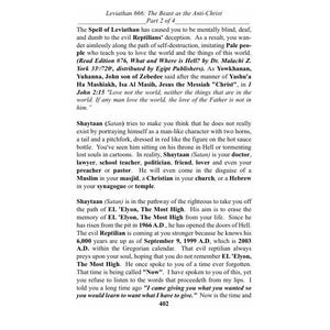 May include: Text from "Leviathan 666: The Beast as the Anti-Christ, Part 2 of 4." The text discusses deception, the influence of "Reptilians," and the figure of Shaytaan (Satan). It includes quotes and references to religious figures and concepts.