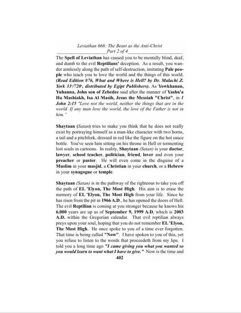 May include: Text from "Leviathan 666: The Beast as the Anti-Christ, Part 2 of 4." The text discusses deception, the influence of "Reptilians," and the figure of Shaytaan (Satan). It includes quotes and references to religious figures and concepts.