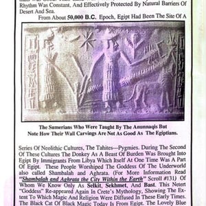 May include: A printed page with text and illustrations. The text discusses ancient civilizations, including Sumerians and Egyptians, and their beliefs. The image includes a carved stone with figures and symbols, and the text mentions the use of magic.