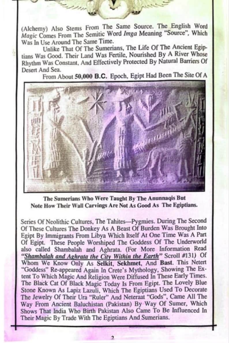 May include: A printed page with text and illustrations. The text discusses ancient civilizations, including Sumerians and Egyptians, and their beliefs. The image includes a carved stone with figures and symbols, and the text mentions the use of magic.