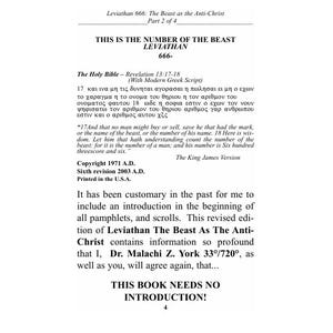 May include: A printed page from a book titled "Leviathan 666: The Beast as the Anti-Christ." The text includes biblical verses, the number 666, and the phrase "This Book Needs No Introduction!" The page is from a 1971 edition.