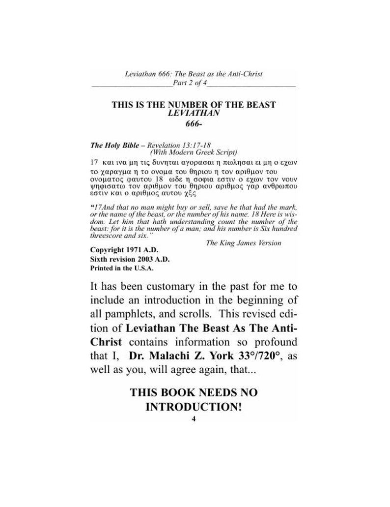May include: A printed page from a book titled "Leviathan 666: The Beast as the Anti-Christ." The text includes biblical verses, the number 666, and the phrase "This Book Needs No Introduction!" The page is from a 1971 edition.