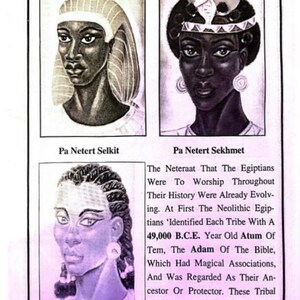 May include: An illustration from a book featuring three portraits of ancient Egyptian figures. The portraits are labeled "Pa Netert Selkit", "Pa Netert Sekhmet", and "Pa Netert Bas". Text below the portraits describes the Neteraat and their worship.