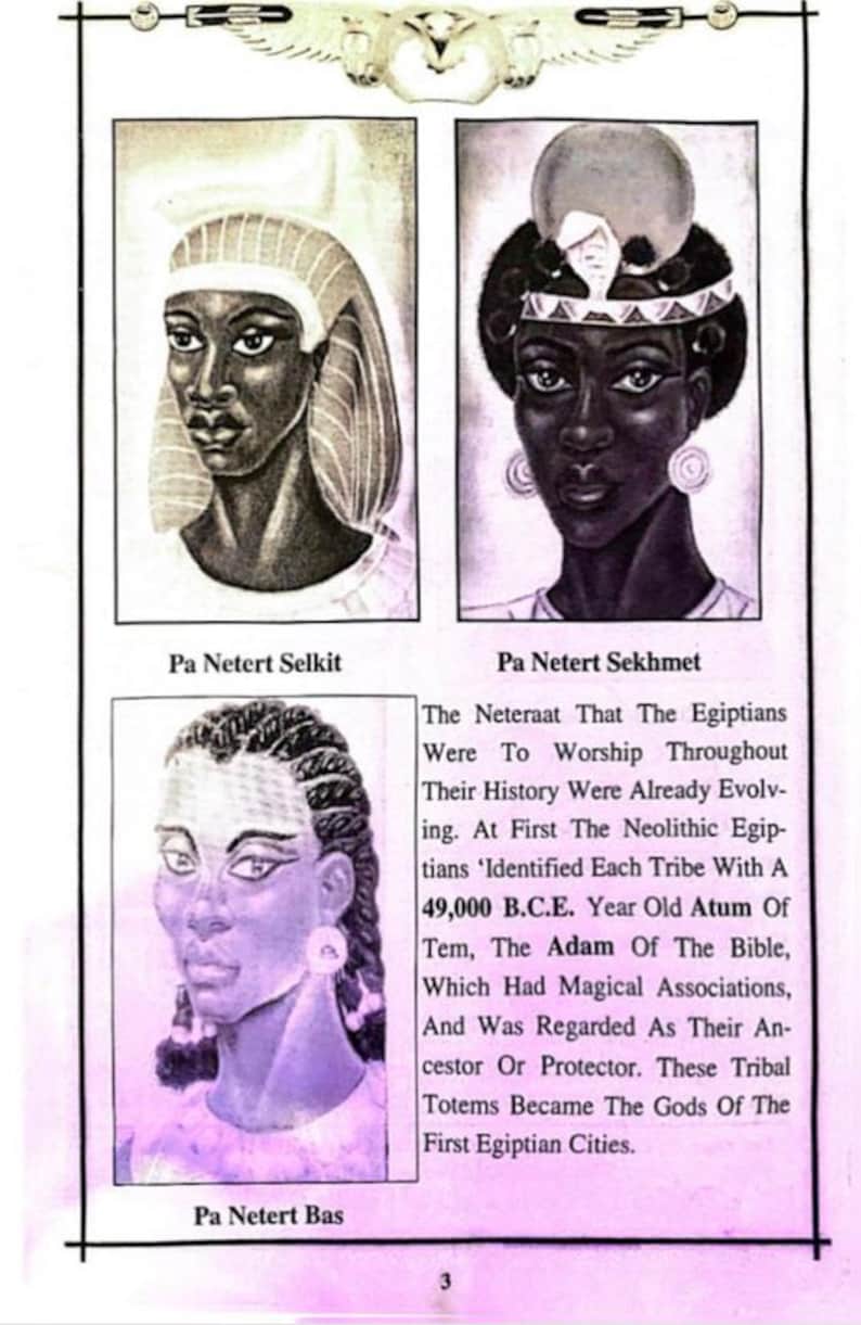 May include: An illustration from a book featuring three portraits of ancient Egyptian figures. The portraits are labeled "Pa Netert Selkit", "Pa Netert Sekhmet", and "Pa Netert Bas". Text below the portraits describes the Neteraat and their worship.