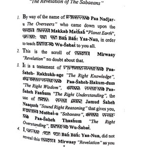 Puede incluir: Una p&aacute;gina de libro con texto en escritura antigua. El t&iacute;tulo es "PAA-MIRWAAY SHALEL PAA-MUSBAT-U" con el subt&iacute;tulo "The Revelation of The Sabaeans". El texto est&aacute; dividido en secciones numeradas, con texto adicional debajo.