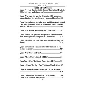May include: A printed page from "Leviathan 666: The Beast as the Anti-Christ, Part 2 of 4." The text includes a table of contents with questions and page numbers. The document is in black text on a white background.