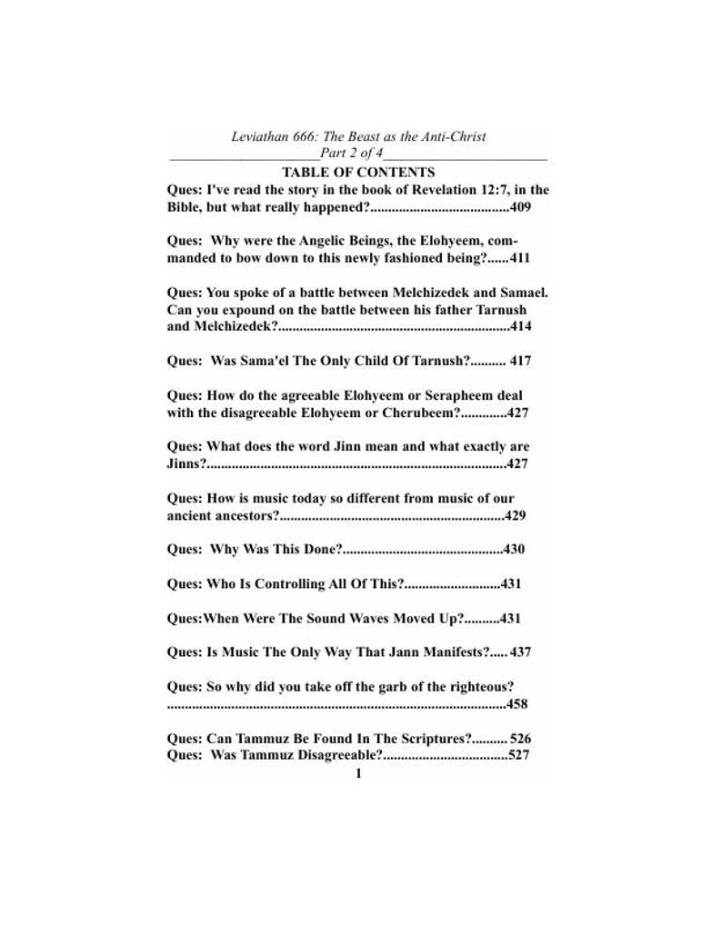 May include: A printed page from "Leviathan 666: The Beast as the Anti-Christ, Part 2 of 4." The text includes a table of contents with questions and page numbers. The document is in black text on a white background.