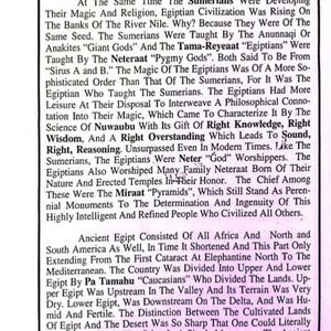 May include: A printed page with the title "Ancient Egipt And The Magic Word Of Power." The text discusses ancient Egyptian civilization, its origins, and its relationship to other cultures, including the Sumerians.