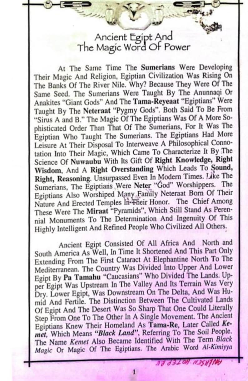 May include: A printed page with the title "Ancient Egipt And The Magic Word Of Power." The text discusses ancient Egyptian civilization, its origins, and its relationship to other cultures, including the Sumerians.