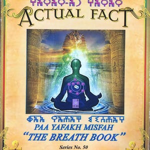 Puede incluir: Portada de libro con el título "ACTUAL FACT" en letras negras grandes. La imagen presenta una figura meditando con un aura brillante, sobre un fondo de arquitectura egipcia antigua. También se ve el texto "THE BREATH BOOK".