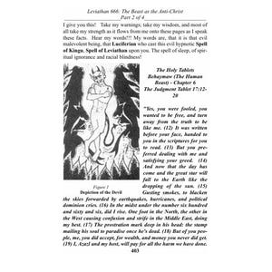 May include: A printed page from a book with text and a black and white illustration of a devil-like figure. The text includes the title "Leviathan 666: The Beast as the Anti-Christ" and excerpts from "The Holy Tablets Behaymaw".
