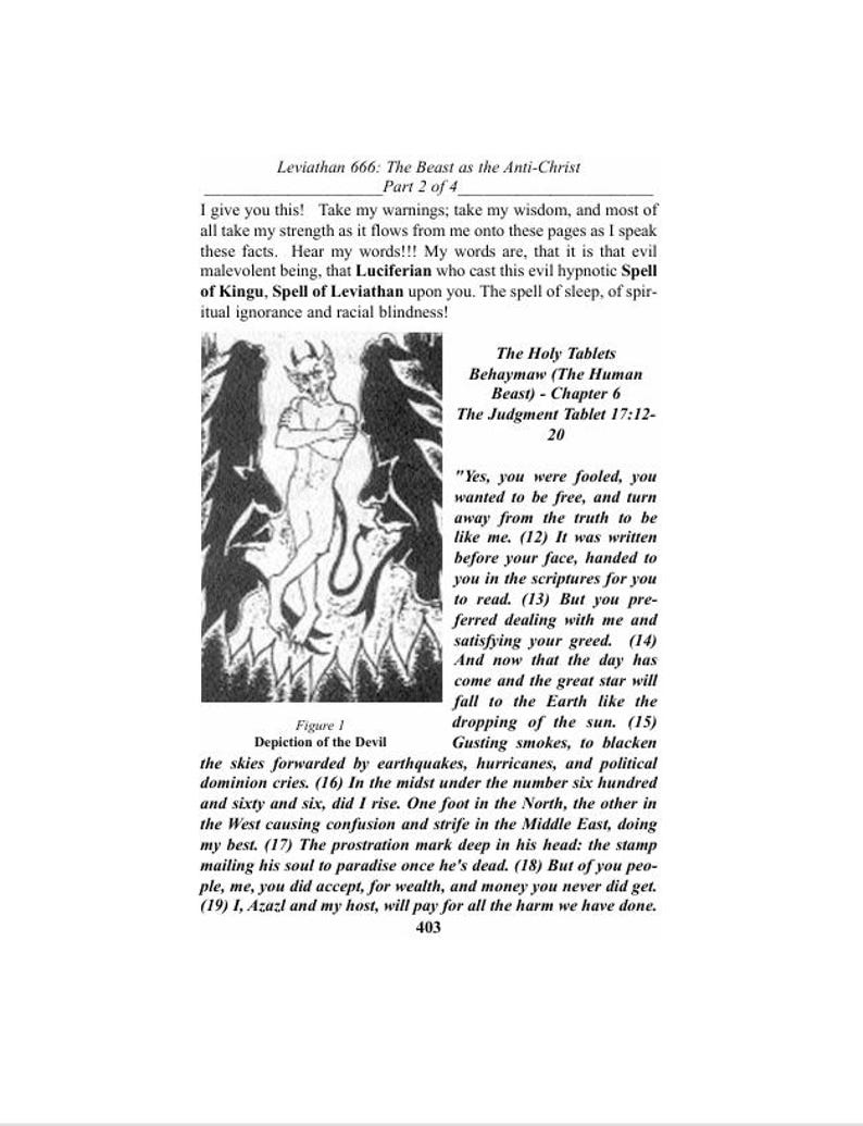 May include: A printed page from a book with text and a black and white illustration of a devil-like figure. The text includes the title "Leviathan 666: The Beast as the Anti-Christ" and excerpts from "The Holy Tablets Behaymaw".