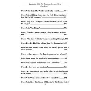 May include: A page from a book titled "Leviathan 666: The Beast as the Anti-Christ." The text includes questions about religious and historical topics, such as the meaning of "Nicea" and the translation of the Bible.