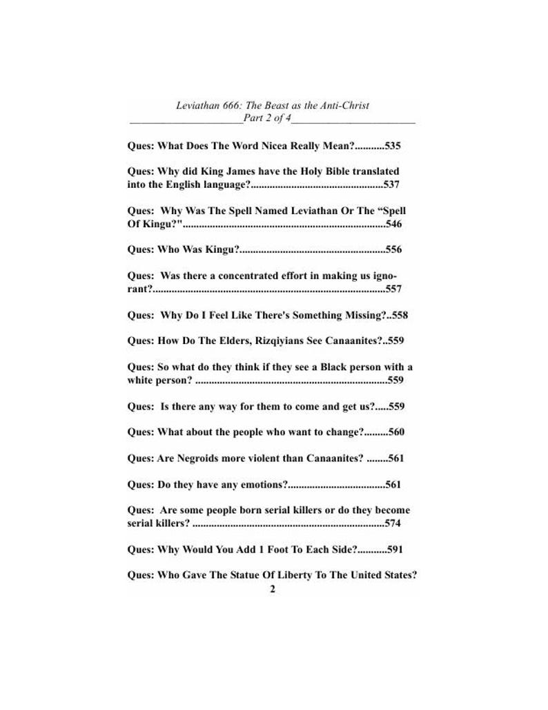 May include: A page from a book titled "Leviathan 666: The Beast as the Anti-Christ." The text includes questions about religious and historical topics, such as the meaning of "Nicea" and the translation of the Bible.