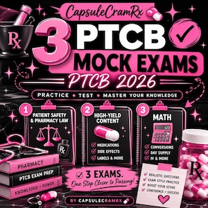 May include: A digital graphic for CapsuleCramRx 3 PTCB Mock Exams 2026 featuring pink and black text, a mortar and pestle, three clipboards labeled with pharmacy topics, a stack of books, a calculator, and a bottle filled with pink and white capsules.