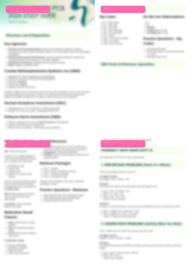 May include: A study guide with text, including the title "2024 Study Guide" and various topics such as "Pharmacy Law & Regulations" and "Medicare Packages." The background has a gradient of green and blue.