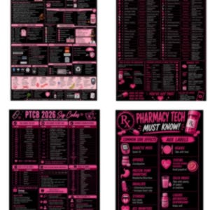 May include: Four educational posters with black backgrounds and pink text. The posters include study guides for pharmacy technicians, covering topics like indications, sign codes, and common side effects. The text is clear and organized, with some images.