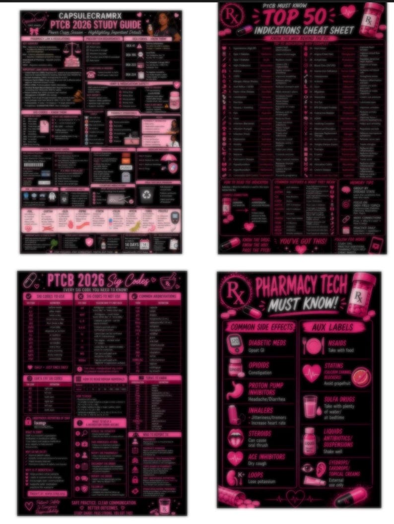 May include: Four educational posters with black backgrounds and pink text. The posters include study guides for pharmacy technicians, covering topics like indications, sign codes, and common side effects. The text is clear and organized, with some images.