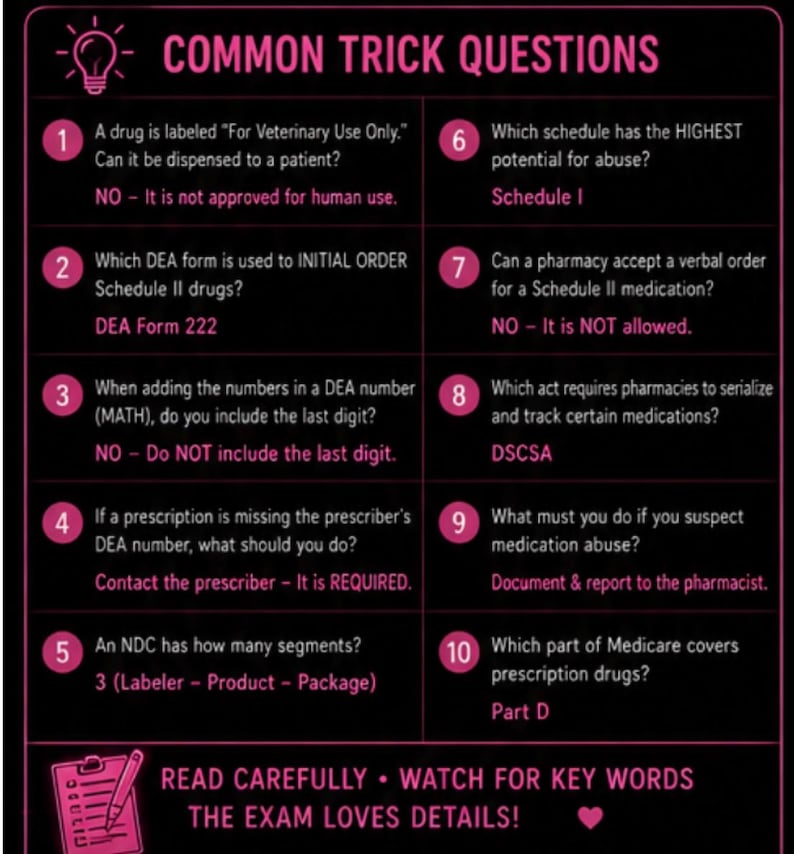 May include: A pink and black educational graphic with the title "COMMON TRICK QUESTIONS." The graphic poses ten questions with answers related to pharmacy practice, including DEA forms, medication schedules, and prescription regulations. The text "READ CAREFULLY - WATCH FOR KEY WORDS THE EXAM LOVES DETAILS!" is also included.