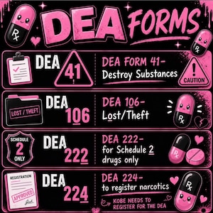 May include: A black and pink graphic with the text "DEA FORMS" and various DEA form numbers. The image includes illustrations of pills, a clipboard, a folder, and a registration form. The text includes "Destroy Substances", "Lost/Theft", and "to register narcotics".
