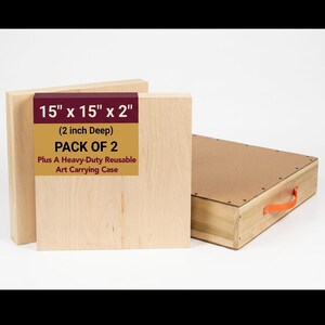 May include: Two unfinished wooden art panels, each 15" x 15" x 2" (38.1 cm x 38.1 cm x 5.1 cm), are displayed next to a heavy-duty reusable art carrying case. The art panels are light-colored, and the carrying case has an orange handle.