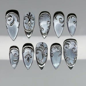 3D Silver Chrome Press On Nails | Metallic Gothic Pattern Fake Nails | Luxury Baroque Stiletto Nails | Handmade Punk Cyberpunk Glue Ons