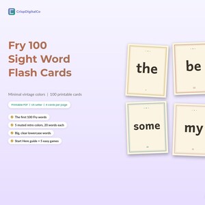 Puede incluir: Un conjunto de 100 tarjetas didácticas de palabras frecuentes Fry con seis tarjetas rectangulares de fondo crema y bordes finos de colores. Cada tarjeta muestra una palabra en minúsculas con una fuente sans-serif marrón oscuro, incluyendo the, be, there, some, my y a.