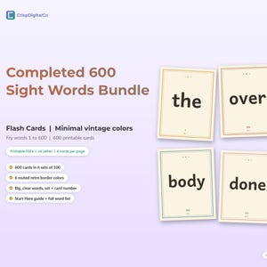 Puede incluir: Una visualización de producto digital para un paquete de 600 palabras visuales con seis tarjetas rectangulares con fondos crema y bordes finos de colores. Las tarjetas muestran las palabras the, over, high, body, done y can't en negro.