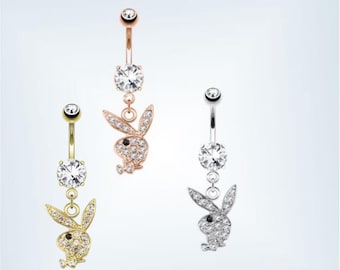 14g belly ring, playboy bunny navel piercing with cz gems, play boy belly jewelry