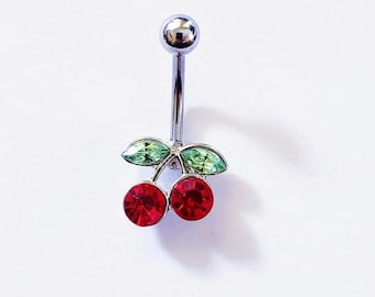 Cherry belly ring, 14g navel piercing, body jewelry cherry shape