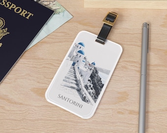 Santorini Acrylic Luggage Tag, Personalized Suitcase Tag, Greek Island Travel Accessory