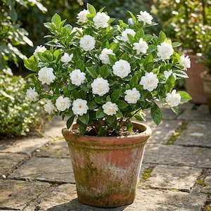 May include: A potted gardenia plant with numerous white, fully bloomed flowers and glossy green leaves. The plant is in a weathered terracotta pot, set on a stone patio. The flowers are the focal point, creating a lush, vibrant display.