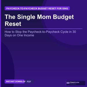 Könnte beinhalten: Ein digitales Produktcover mit lila Hintergrund. Der Titel "The Single Mom Budget Reset" steht in großem weißen Text. Der Untertitel lautet: "Wie man den Kreislauf von Gehaltsscheck zu Gehaltsscheck in 30 Tagen mit einem Einkommen stoppt."